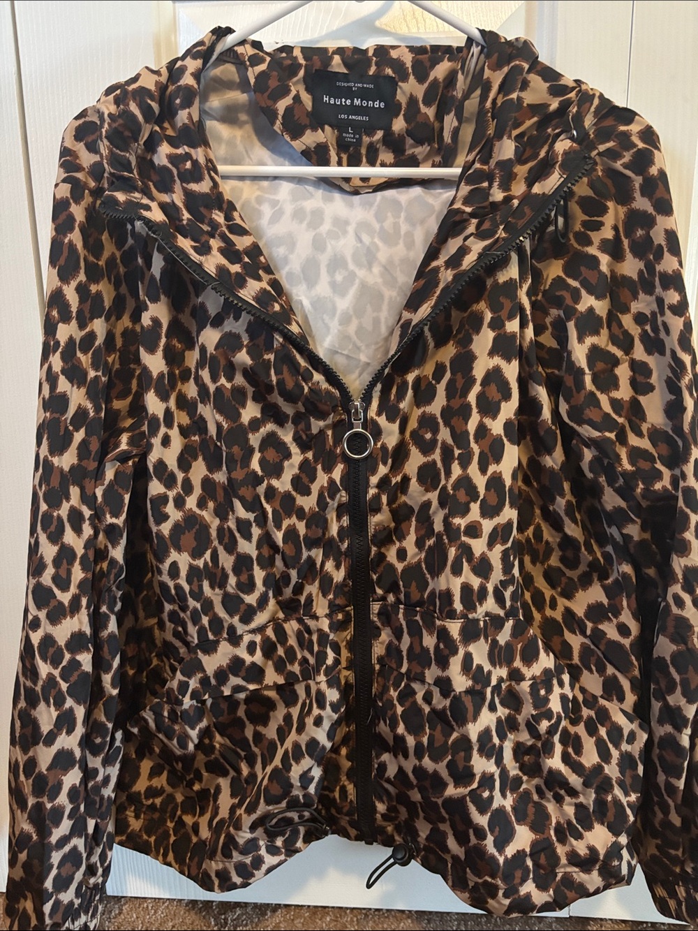 Haute Monde Leopard Print Hooded Bomber Jacket - Brown/Black